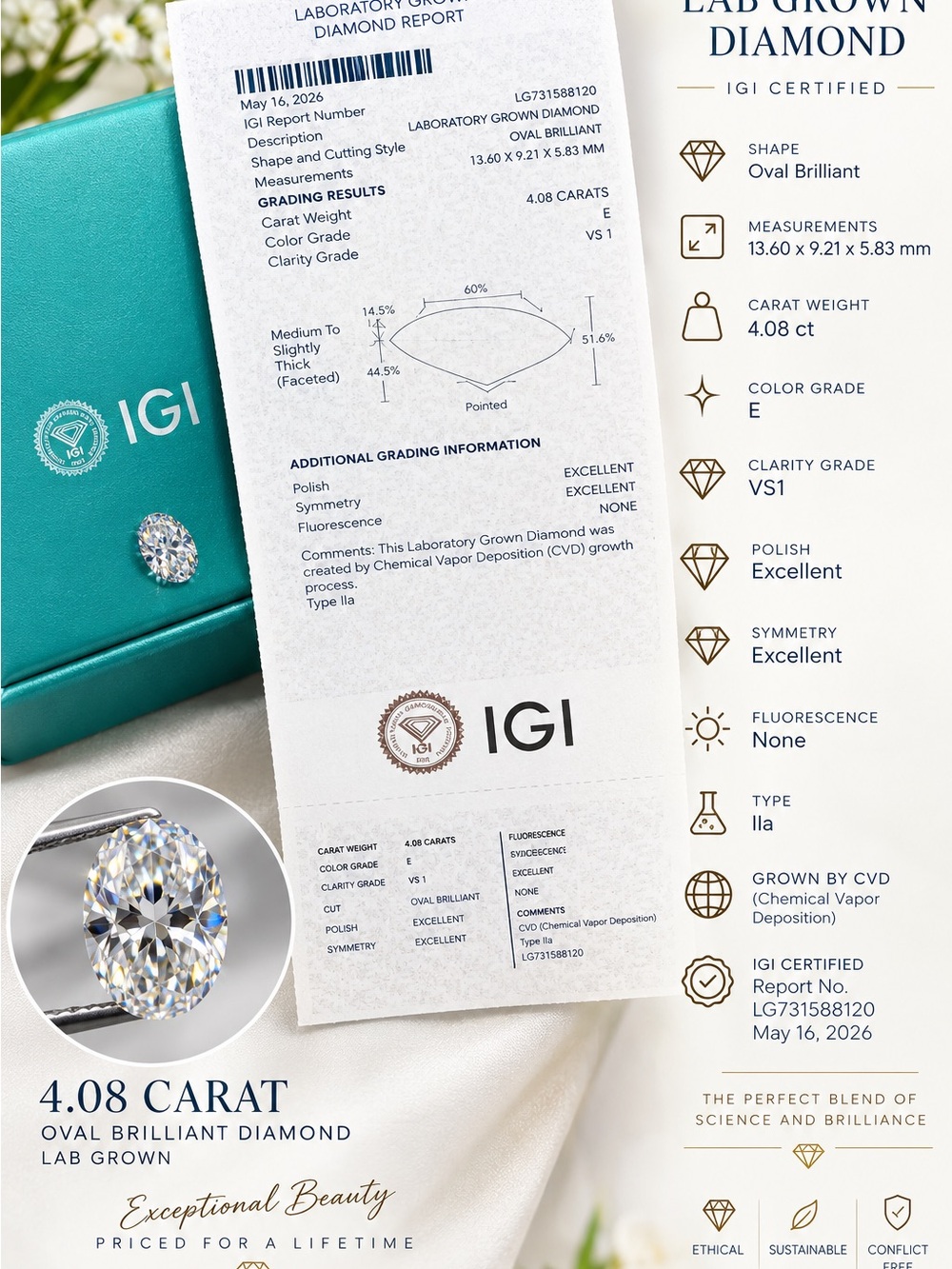 Certified 4.08 Carat Oval Brilliant Lab-Grown Diamond – White